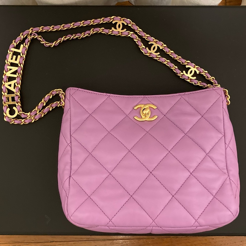 CHANEL Lambskin Quilted Small Pick Me Up Hobo Purple
